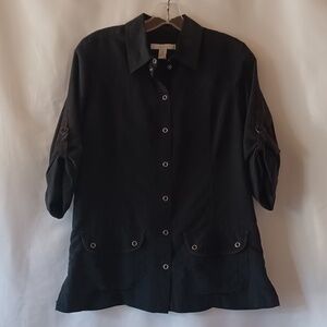 Chico's Lightweight Jacket Black Modal Snap Front 3/4 Roll Tab Sleeves Size 0/S